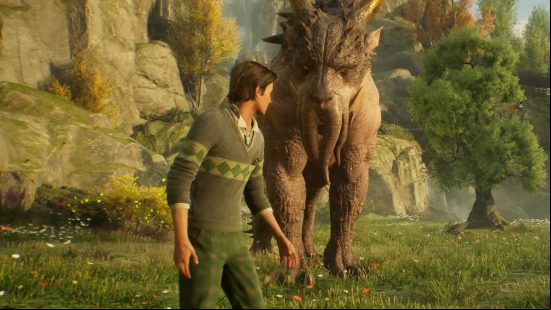 Hogwarts Legacy Room of Requirement - a wizard standing in front of a Graphorn - a giant creature with horns and tentacle mouth.