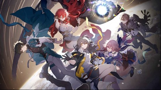 A selection of the characters from Honkai Star Rail, and anime PC game like Fire Emblem, float through space.