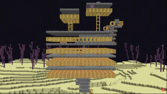 A Minecraft shulker shell farm in the End, surrounded by End stone and chorus fruit trees.