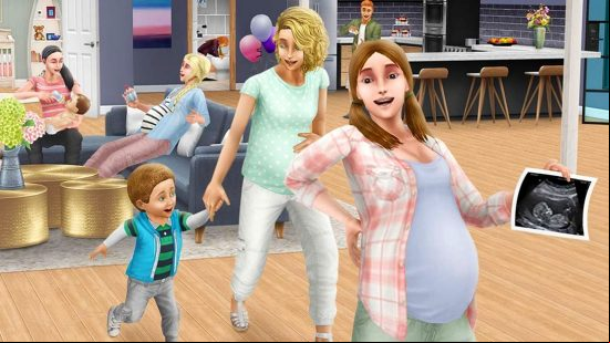 A pregnant Sim holds up a sonogram of her baby, while another behind her leads a toddler by the hand.