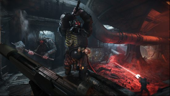 A huge ogre-style behemoth wearing armour in an abandoned spaceship attacking a player character