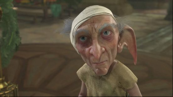 Hogwarts Legacy Black family motto - Scrope is wearing a sack for clothing and has a bandage over one of his ears.