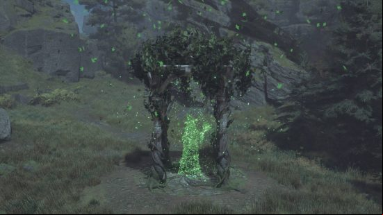 Hogwarts Legacy Merlin trials - a solved Merlin trial erects a small shrine with a leafy image of Merlin appearing briefly.