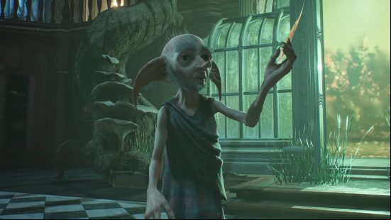 Hogwarts Legacy Phoenix - Deek is holding onto a Phoenix's tail feather while standing outside a Vivarium.