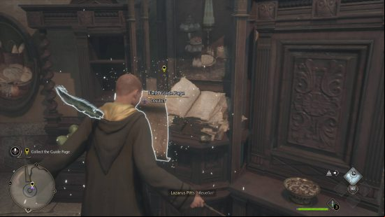Hogwarts Legacy field guide pages - the wizard is casting the Revelio spell to make a hidden field guide page appear next to the House-Elf book.