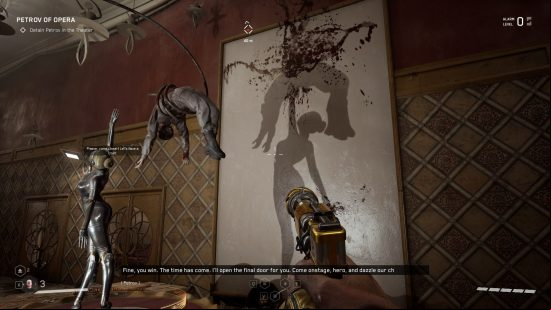 Atomic Heart ballerina puzzle: The synthetic ballerina poses in a ballet position as a corpse hangs suspended above her, their shadows giving the illusion that she's the cause of his death on the blood-spattered wall behind them.
