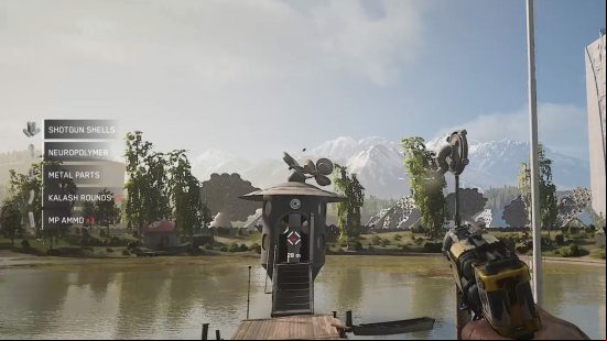 Atomic Heart tips: The HAWK relay's terminal a small hut mounted on the edge of a dock.