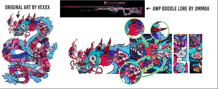 CSGO skins removed by Valve after alleged copyright infringement: An image comparing dragon artwork with a CSGO skin for the AWP rifle