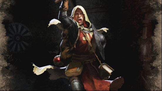 Dark and Darker classes: The Dark and Darker cleric's mouth is open as they yell, a book of spells hangs from a strap by their side