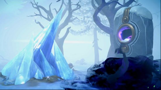Dreamlight Valley Great Blizzard quests: The blizzard surrounds giant ice spikes and the Frosted Heights pillar