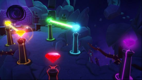 Dreamlight Valley Great Blizzard gems: Six gemstones stand on pillars in the secret cave