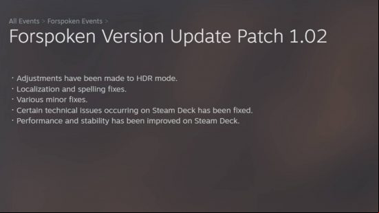 A Steam update page for Forspoken patch 1.02 listing changes