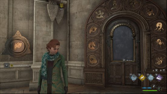 Best Hogwarts Legacy mods 2023: a student stands in front of a door marked with symbols. Each symbol has an image and a number.