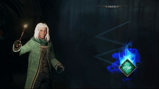 Hogwarts Legacy unforgivable curses: a Slytherin student learning the Crucio curse