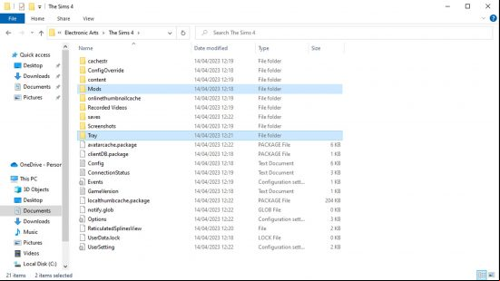 How to install CC in The Sims 4: An image of the folder in which Custom content should be placed, showing the folders Tray and Mods.