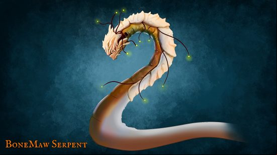 Valheim Ashlands - Concept art of the BoneMaw Serpent, a giant snake that has bony plates along its back toward the top third of its body, culminating in a bony casing around its head