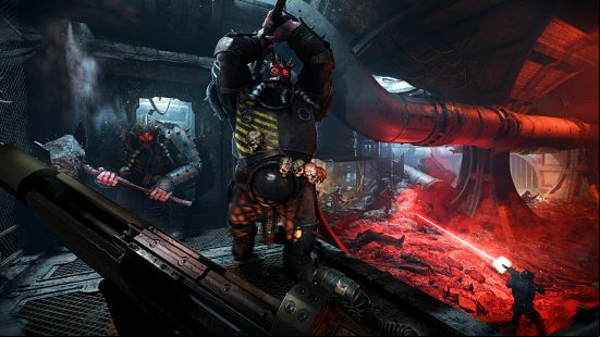 Warhammer 40k Darktide patch notes - first-person view of two large brutes approaching, wielding heavy maces