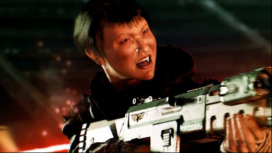 Warhammer 40k Darktide patch notes - a character yells as they fire a weapon