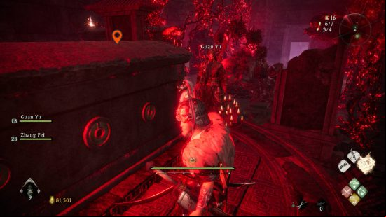 Wo Long Dragon's Vein Crystals Essences - the player and Guan Yu are standing next to a giant stone coffin, with an orange pin showing where the essence was originally located. A huge pig-demon is standing guard of the coffin from its front.