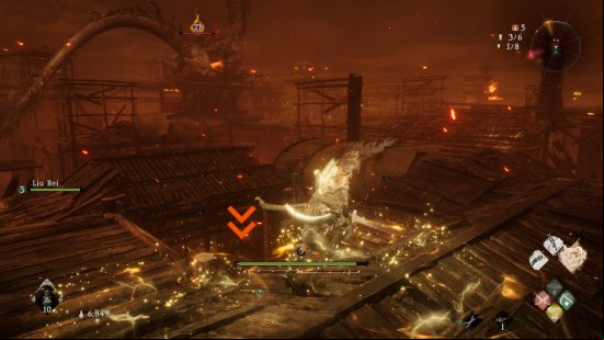 Wo Long Dragon's Vein Crystals Essences - the player is standing on a building with a hole in the middle of it. Lighting is about to strike, summoned by the dragon in the distance.