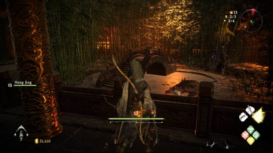 Wo Long Dragon's Vein Crystals Essences - a tiger is patrolling a bridge with a wizard on top of it in a bamboo garden.