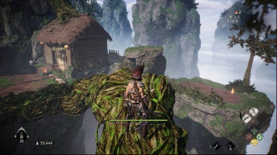 Wo Long Dragon's Vein Crystals Essences - the player is standing on vines leading to a Taoist's house. She is standing outside because her doors are locked. The essence can be seen on a ledge in the distance.