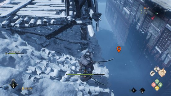 Wo Long Dragon's Vein Crystals Essences - the player is standing on a rooftop, looking down at a revealed bit of platform below. A pin shows where the essence was originally placed.