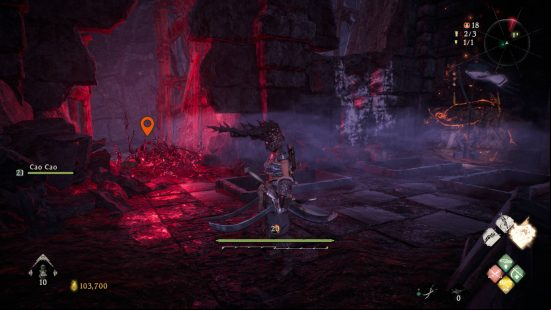 Wo Long Dragon's Vein Crystals Essences - the player is standing outside a cave with glowing red vines next to a battle flag. Inside here are some spiders and the last essence.
