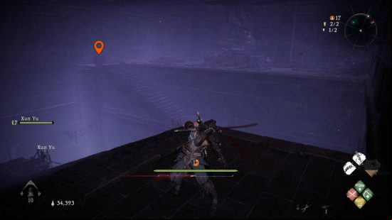 Wo Long Dragon's Vein Crystals Essences - the player stands on the other side of an underground well with two ladders leading down to the bottom. There is a chest on the other side with an orange pin highlighting its location.