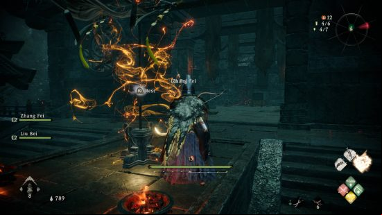 Wo Long Dragon's Vein Crystals Essences - the player is standing by a battle flag. A chest is open in the temple ahead.