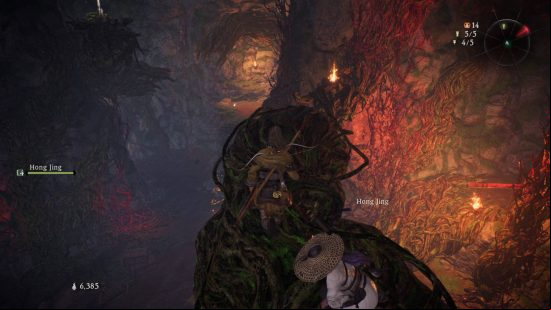 Wo Long Dragon's Vein Crystal Essences - the player and Hong Jing are climbing across some vines on the way to the next essence.