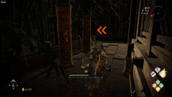 Wo Long Dragon's Vein Crystal Essence - the walkway near a temple next to a bamboo forest. The orange arrows indicate where the player needs to turn left and jump off the rails.