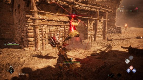 Wo Long: Fallen Dynasty review - asoldier is attacking the player while glowing red. They're fighting in the middle of a village.