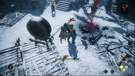 Wo Long: Fallen Dynasty review - the player is leaping in the air behind a general with the aim to assassinate him. He is standing next to a territorial flag.