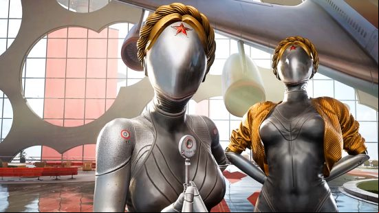 Atomic Heart patch 1.3.4 notes - the robotic twins, one of whom is holding up a key