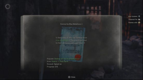 Resident Evil 4 Remake: a weathered piece of paper details a merchant's request.