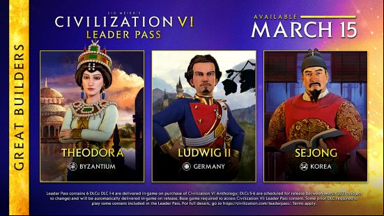 Civ 6 The Great Builders release date - Theodora, Ludwig II, and Sejong the Great - coming as part of the Leader  on March 15