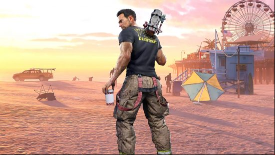 Dead Island 2 slayers: Ryan stands with his back to the viewer, looking over his shoulder, and holding a drink, in front of a backdrop of the LA beach.