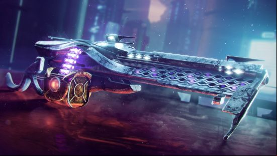 Destiny 2 Unfinished Business: a huge neon machine gun sits in front of a futuristic city