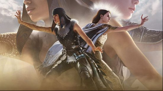 A black woman wearing a desert-style hood and armour stands back to back with a white woman wearing a blue cape fighting in a battle