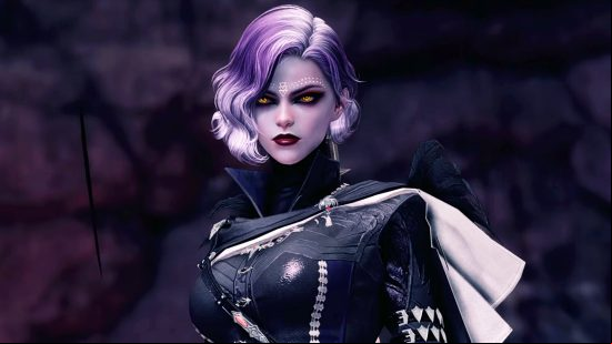 Lost Ark - a Reaper, wearing leather armour and with purple hair
