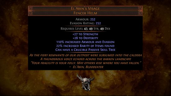 Path of Exile 3.21 Crucible - El'Abin's Visage, a unique fencer helm that can bear its own Crucible ive skill tree, the only armour piece to do so