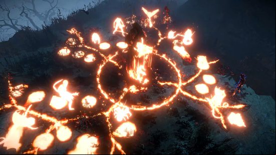 Path of Exile 3.21 Crucible - a player charging up a Crucible Forge, causing molten lines to streak out and form into creatures around them