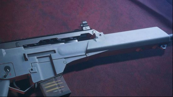 Resident Evil 4 best weapons: The Stingray lying on the counter of the Merchant's shop stall.