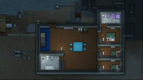 Several colonists sleeping in their bedrooms at night in one of the best best Rimworld mods.