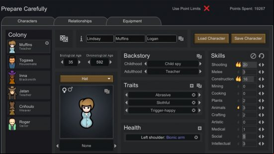 A character customisation screen for tinkering with colonist's stats in one of the best Rimworld mods.