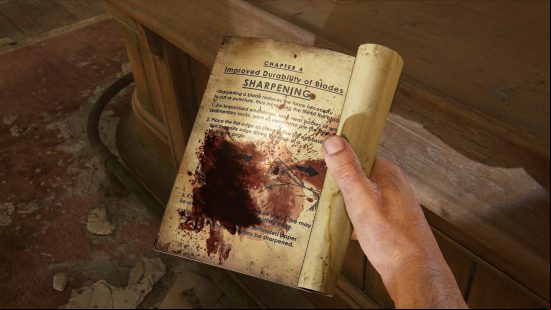 The Last of Us training manuals: an old book, covered in blood.