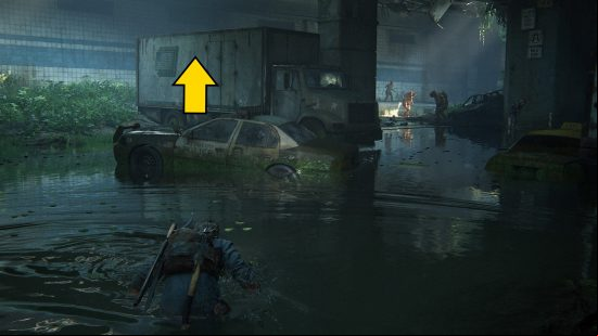 The Last of Us training manuals: a man swims through a flooded under.