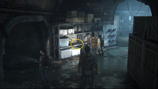 The Last of Us training manuals: a man searches a flooded room for a book, highlighting it with his flashlight.