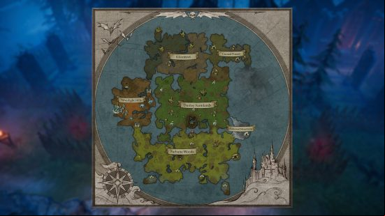 A circular map with different locations bordered by a silver com and a castle